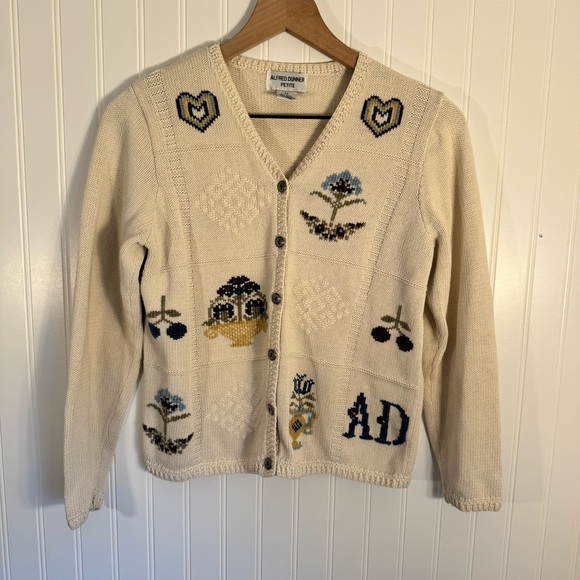 Alfred Dunner Sweaters - Vintage Alfred Dunner Womens Cream Embroidered Button Cardigan Size Petite Small